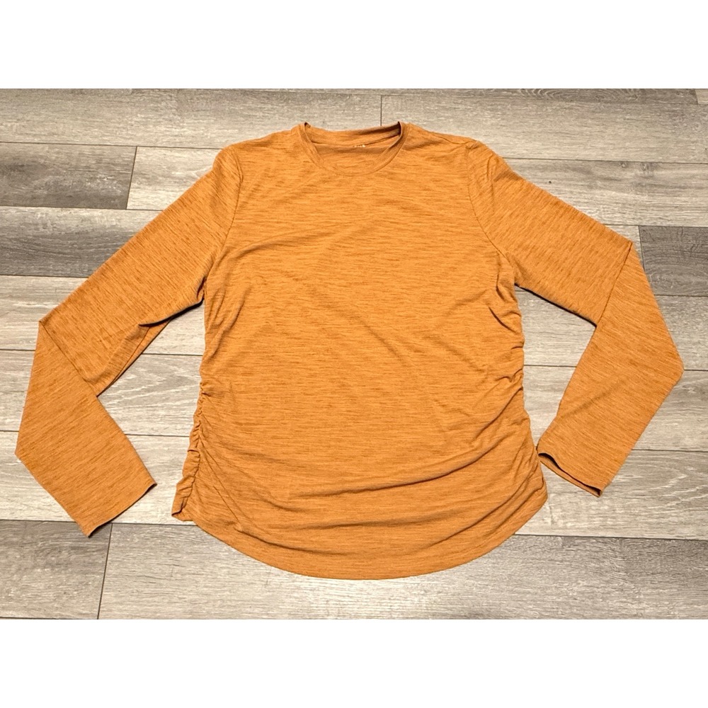 Calia Long Sleeve Women's Mustard Yellow Tissue Texture Ruched Athletic Shirt